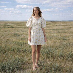 Linen summer mini dress women's L yellow floral puff sleeve cottage core prairie